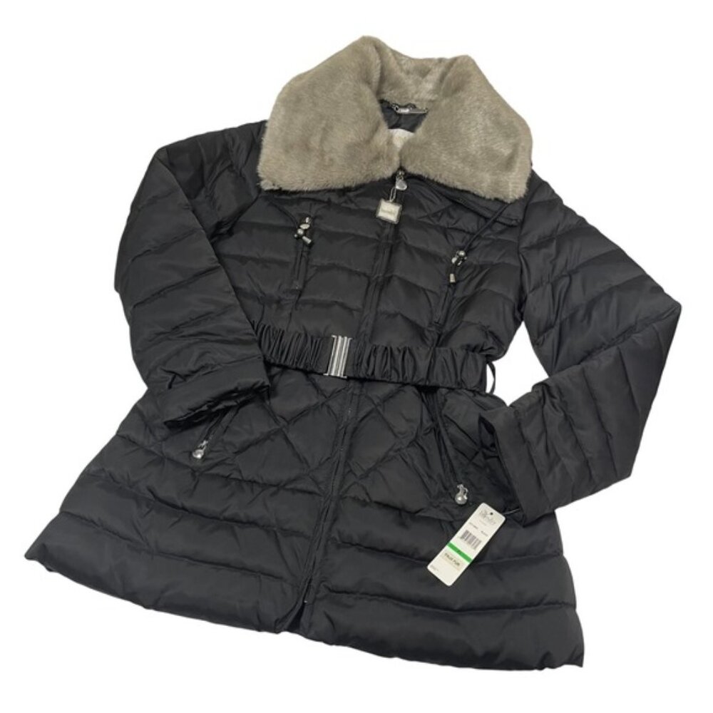 Laundry by Shelli Segal Black Belted Puffer Coat Faux Fur Collar Size P Large‎